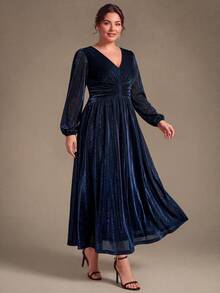 EVERPRETTY Gaun Malam Formal Wanita Ukuran Plus Elegan Musim Gugur Warna Biru Tua dengan Lengan Panjang Berkilau, Leher V, Pinggang Berkerut, Model A-Line, Gaun Tamu - Navy Blue - View 5