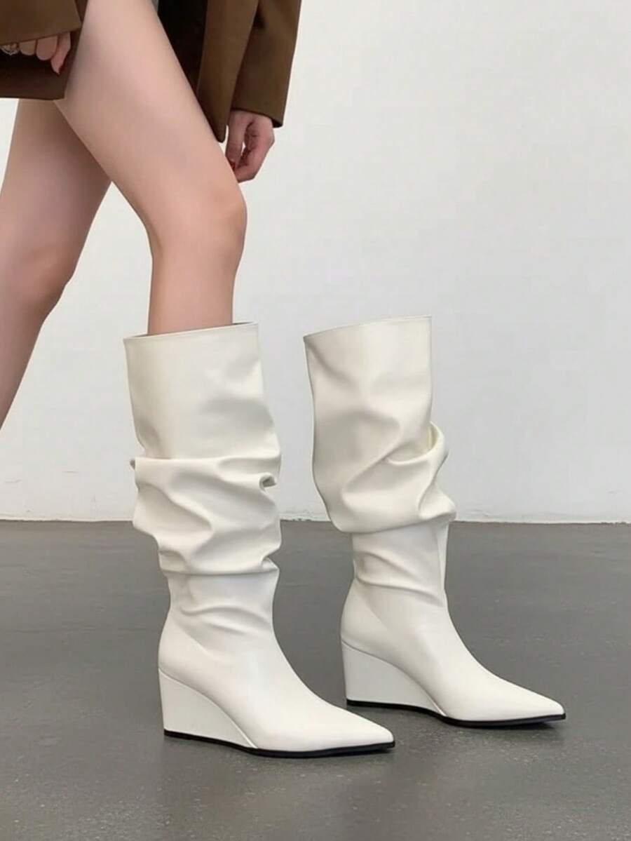 Pointed Toe Ruched Stacked High Knee Boots, Plus Size Women's Glossy Stiletto Heel Atmospheric Long Boots - White - View 1