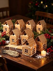 12pcs Christmas House Shaped Kraft Paper Gift Boxes With Portable Rope Handles, Vintage Christmas Print Foldable Gift Packaging Boxes, Holiday Party Favor Containers, Christmas Table Decor And Gift Wrapping Supplies - Multicolor - View 2