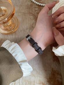 1pc Square Gold Case Brown Dial Rhinestone Bezel Coffee PU Strap Watch, Compact Design, Suitable For Daily Wear, Perfect Choice For Business Occasions - Coffee Brown - View 5