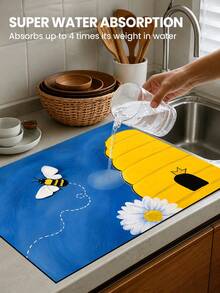 1pc, Bee. Honeycomb Pattern Printed Diatomite Kitchen Drain Mat, Absorbent Dish Drying Mat, Coffee Machine Mat, Dishwashing Mat, Sink Mat, Kitchen Countertop Protection Mat, Suitable For Cups, Plates, Tableware And Kitchen Decor - Multicolor - View 4