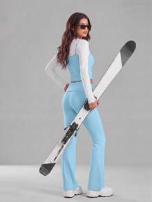 3pcs Solid Color Flare Pants Set, Includes Spaghetti Strap Cropped Tank Top And Long Sleeve Top, High Waist Yoga Outfit - Blue and White - View 5