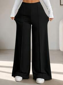 Plus Size Black Daily Multi-Purpose Commute Minimalist Solid Color Wide Leg Pants, Everyday Wear - Black - View 6