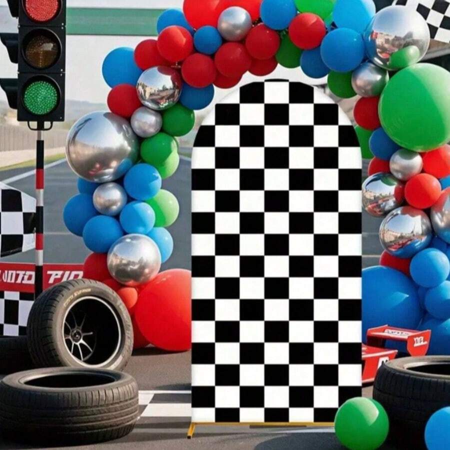 1pc/65pcs 2D Flat Chiara Arch Racing Backdrop - Durable Lycra Spandex Fabric, Black & White Checkered - Suitable For Event And Party Decoration (Stand Not Included)