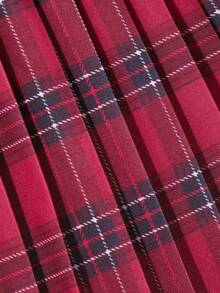 Tween Girls Plaid Skirt Set, Hollow Round Neck Long Sleeve T-Shirt + Pleated Mini Skirt, 2pcs Set, Back To School Christmas Holiday Preppy Style Outfit - Burgundy - View 8