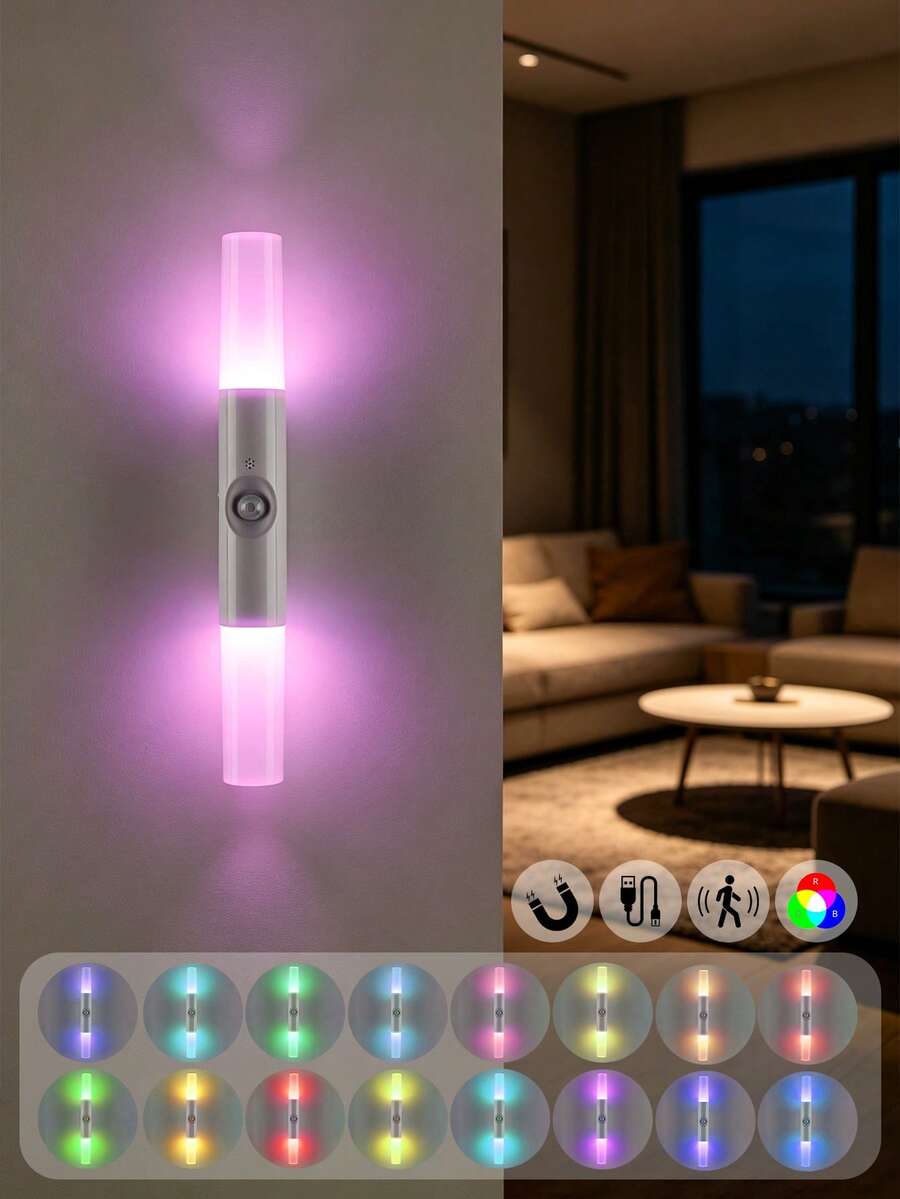 1pc RGB Motion Sensor Night Light, Magnetic Wall Light, USB Rechargeable LED Light, Christmas Decor Light, Suitable For Indoor Bedside Lamp, Closet Light, Hallway, Stairs - Multicolor - View 1