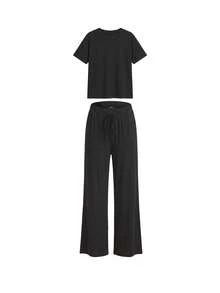Ocili 休閒舒適滑順垂墜夏季彈性腰純色黑色短褲居家服睡褲/上衣/長褲 - 黑色 - 查看 18