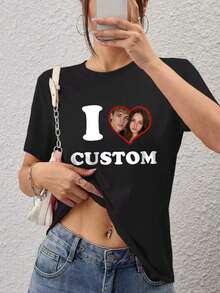 Personalized Women's T-Shirt, Customizable Text Or Image, Badge Pattern, Company Logo, Family Photo, Sports & Fitness Top, Black Summer Style - Black - View 3