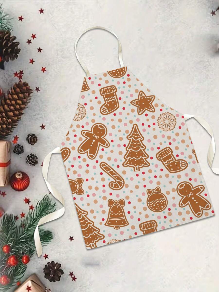 1PC Christmas Pattern Single-Sided Printed Apron, Unisex Home Kitchen Halter Neck Tie Apron, Home Decor Kitchen Cooking Anti-Stain Apron - Multicolor - View 1