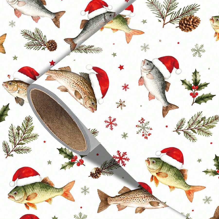 1set Christmas Fish Wrapping Paper(Includes Stickers), Unique Holiday Gift Wrap Paper With Santa Fish, Pine Branches, Holly Berries, And Snowflakes Design For Xmas Gifts, Party Decorations, And Birthday Presents - Fish - View 1