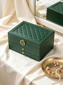 1pc Large Capacity Diamond Drawer Jewelry Box, White Green Color Block Black Optional, Top Layer Necklace Hooks Ring Slots Earring Board, Bottom Layer Drawer Compartments, Lockable Dust-Proof, Vanity Storage Watch Slot, Anti-Oxidation, Necklace Hooks, Home Use Zipper - Multicolor - View 15