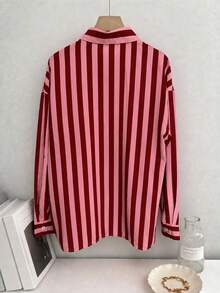 Explosion Women's Spring/Summer/Autumn/Winter Street Retro Bohemian Style Vacation Color Block Striped Pattern Pink Casual Lapel Long Sleeve Red - Merah - View 10