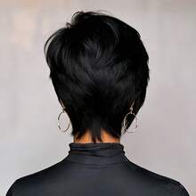 Wig Potongan Pixie Pendek, Rambut Manusia Perawan Brasil, Wig Potongan Pixie Berlapis Belahan Samping Panjang untuk Wanita, 6 Inci, Kepadatan 150%, Buatan Mesin Sepenuhnya, Tanpa Renda, Cocok untuk Pemakaian Sehari-hari, Pesta dan Cosplay, Warna 1B# - S1 - View 7