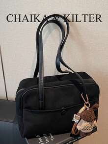 CHAIKA & KILTER 1件裝純色麂皮布料女款復古時尚啞光保齡球包，對比色絎縫縫線，雙手柄設計，拉鍊開合，適合日常與外出使用（附吊飾） - 黑色 - 查看 5
