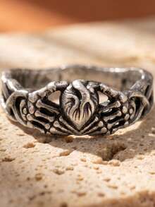 1pc Unisex Vintage Oxidized Silver Skeleton Hands Anatomical Heart Wide Band Ring, Gothic Punk Edgy Statement Ring, For Daily Wear Halloween Party - Antique Silver - View 2