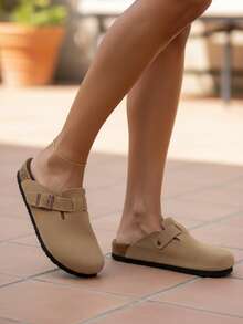 Pantuflas cerradas para mujer, con diseño de punta cerrada, plantilla de corcho y suela antideslizante, ideales para el uso diario, ya sea en casa, en la oficina o para paseos al aire libre. - Marrón - Ver 2