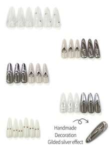 NAIO 10pcs Long Wearable Nails, Mirror Silver Metallic Finish Fake Nails, Futuristic Liquid Metal Gloss, 3D Metal Heart, Star & Streamline Pattern, Shiny Full Coverage Artificial Nails, Suitable For Nightclub Party & Daily Wear - Multicolor - View 4