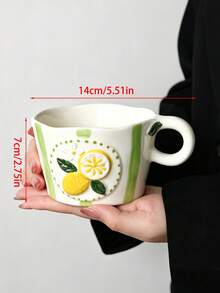 3D Embossed Lemon Ceramic Cup, Hand-Painted Striped Coffee Mug, Cute Asymmetrical Wavy Edge Tea Cup, Microwave And Dishwasher , Fun Fruit Drinkware Kitchen Gift, Christmas Present - Multicolor - View 5