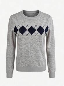 1pc Women's Spring/Autumn/Winter Grey Argyle Plaid Crew Neck Pullover Long Sleeve Knit Sweater Top, Inner Layer Knit Base Layer Top, Machine Washable - Grey - View 5