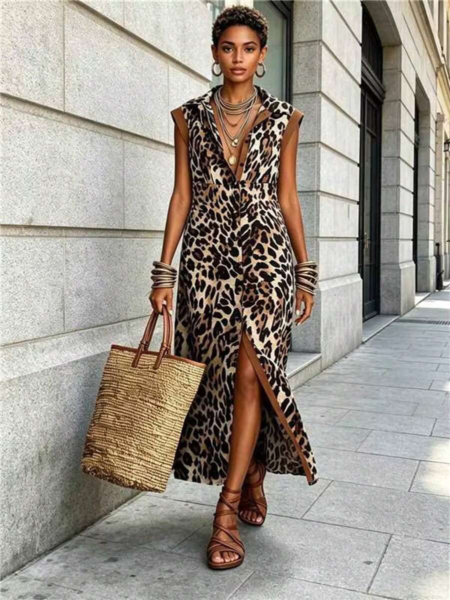 HUTENER Women's Leopard Print Colorblock Sleeveless Dress With Long Pants, Spring/Autumn Brown Vacation Elegant Summer