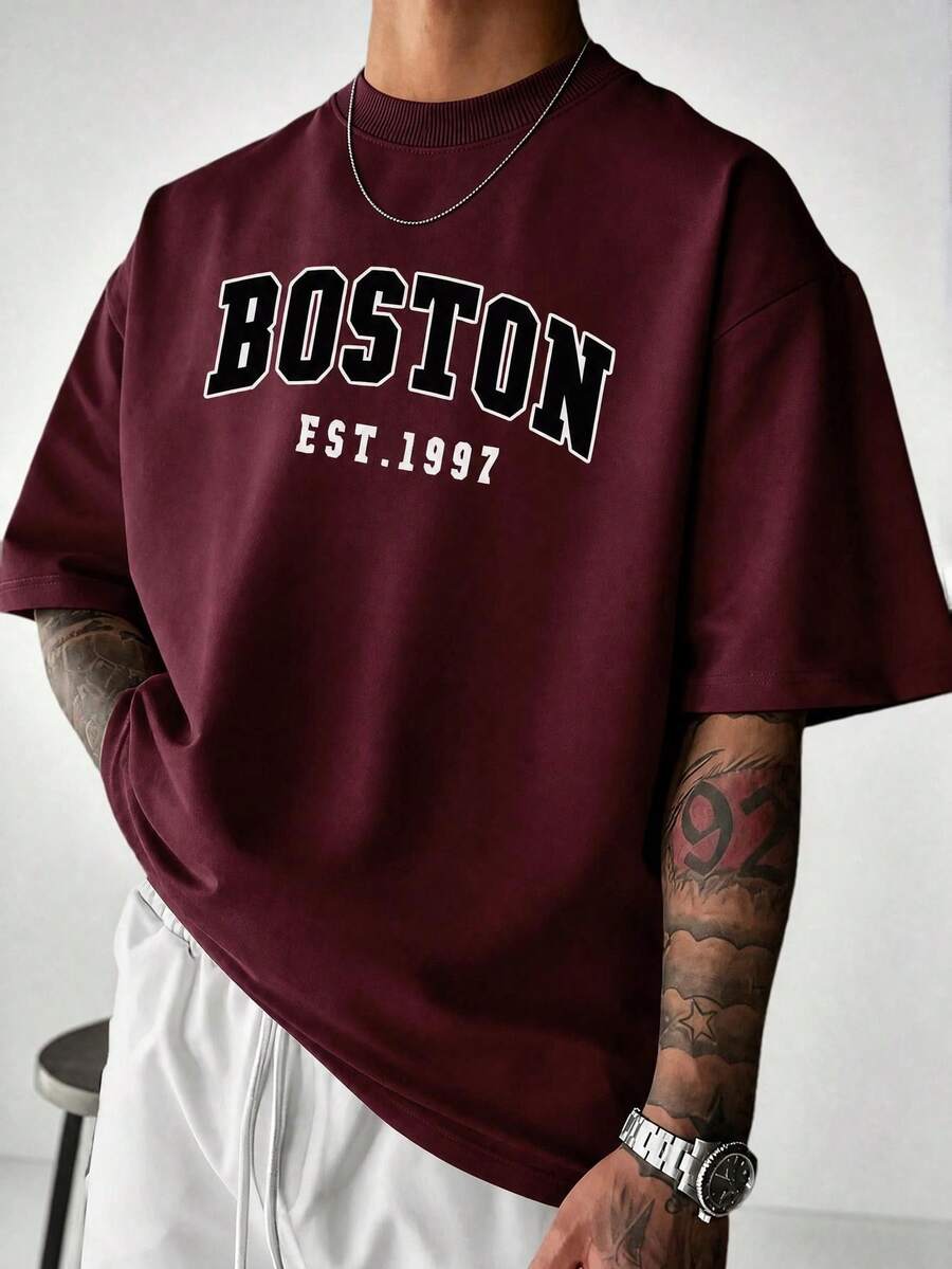 Simple Studio | Men's Summer Boston Letter Print Round Neck Short Sleeve T-Shirt