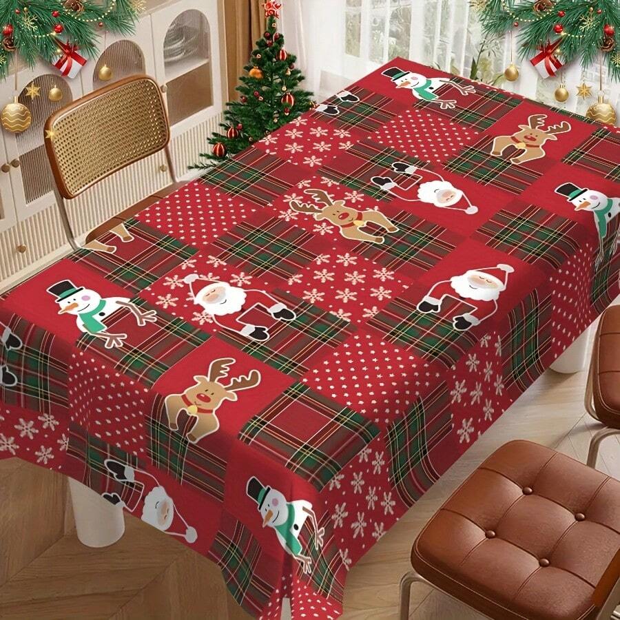 1pc Christmas Theme Printed Family Party Tablecloth, Red & Green Plaid And Polka Dot Pattern, "Christmas Decoration" Machine Washable Tablecloth, Rectangular Home Tablecloth, Printed With Santa Claus, Reindeer, Snowman, Kitchen Dining Table Decor - A - View 1