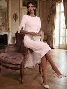 Solid Color Casual Elegant Retro French Style Waist Slimming Office Daily Date Commute Faux Pearl Decor Round Neck Dress, White Pink Summer - Pink - View 4