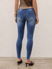 Women Distressed Ripped Skinny Jeans Drawstring Medium Blue Light Wash Stretch Vintage Fall Grunge Y2K Boho Coette Bohemian Retro 90s Preppy Daily - Blue - View 5