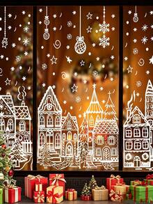 4 Sheets/78 Pieces Christmas Winter House Window Stickers - Cartoon Snowflake & Village Decoration, Reusable PVC Static Cling Stickers, Easy To Apply And Remove, Suitable For Glass Doors, Home, Cafe, Mall Holiday Decor, Festive Home Decoration - White - View 2