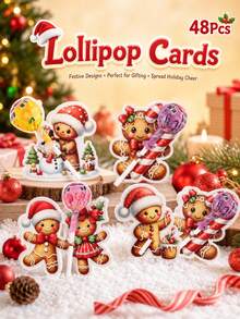 48 thẻ kẹo mút chủ đề bánh gừng, thẻ trang trí giấy hình người bánh quy hoạt hình, phù hợp cho lễ hội mùa đông, thẻ đóng gói kẹo mút dễ thương - Nhiều màu - Xem 2