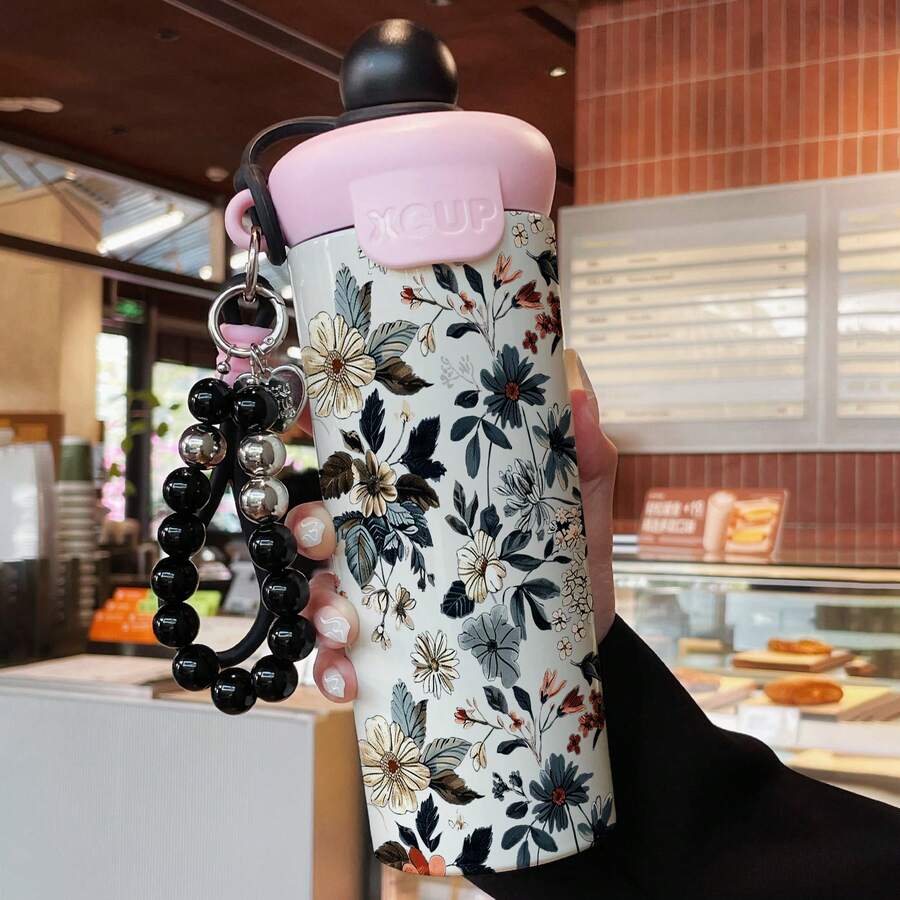 1PC 600ML Creative Flower, Heart Rose, Simple Butterfly Pattern Stainless Steel Cup, Double Drinking Coffee Cup, Portable Straw Cup, Lanyard , Suitable For Office, Campus, Gift For Holidays/Birthdays, Coffee, Milk, Tea - Multicolor - View 1