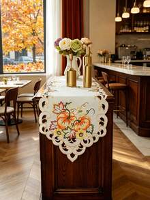 1PC 100% Polyester Fall Table Runner, Pumpkin Maple Leaf Sunflower Embroidered Cutwork Scalloped Edge Cream Linen Table Runner For Autumn Harvest Holiday Dining Table Home Decor - Multicolor - View 5