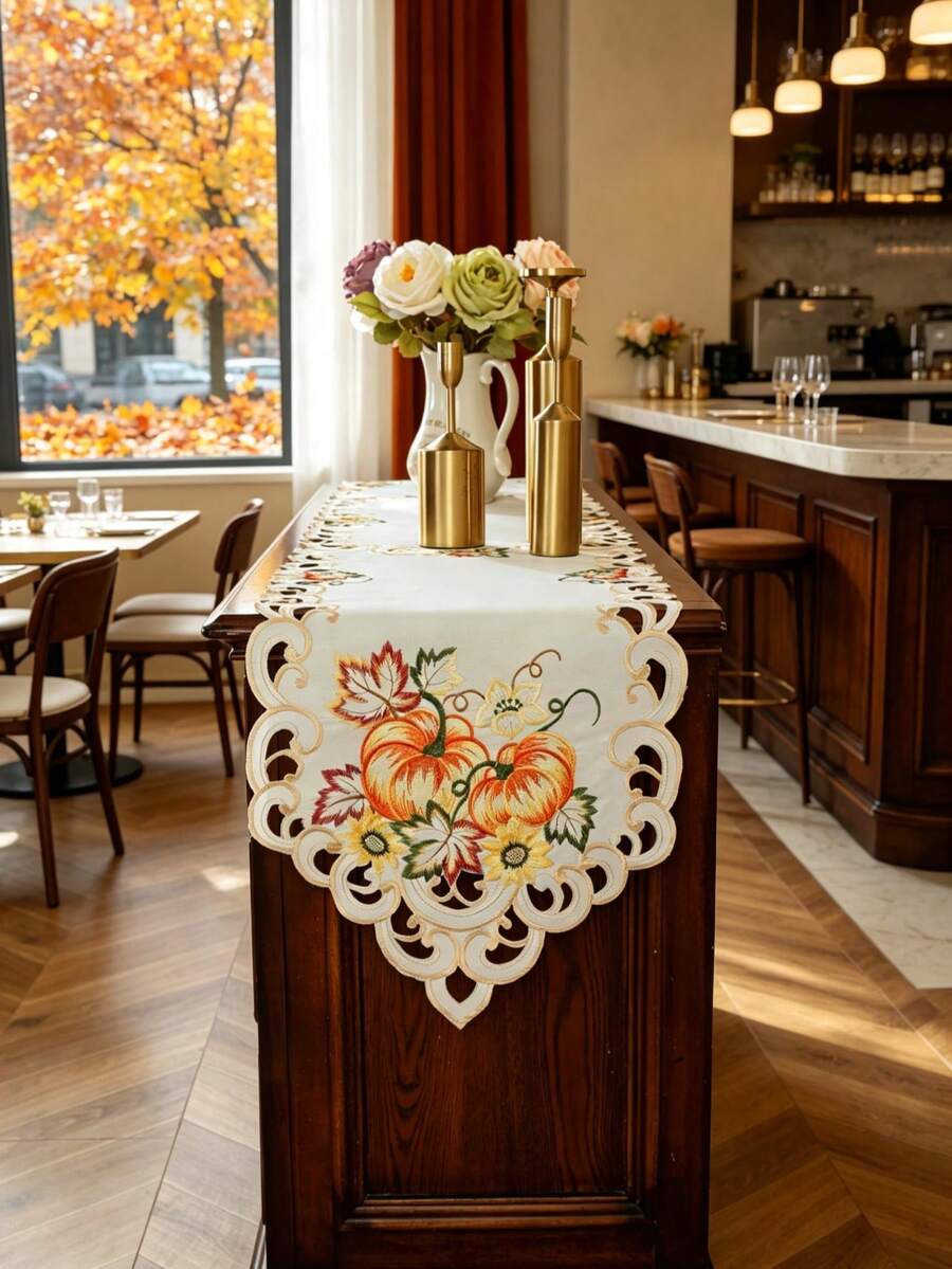 1pc 100% Polyester Autumn Table Runner, Pumpkin Maple Leaf Sunflower Embroidered Hollow Wave Edge Beige Linen Style Tablecloth, Suitable For Autumn Harvest Festival Dining Table Home Decor - Multicolor - View 1