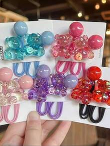 5pcs/1pc Colorful Transparent Bear Cartoon Animal Hair Tie Beaded Rubber Band Cute Sitting Bear Candy Color Hair - Multicolor - View 1
