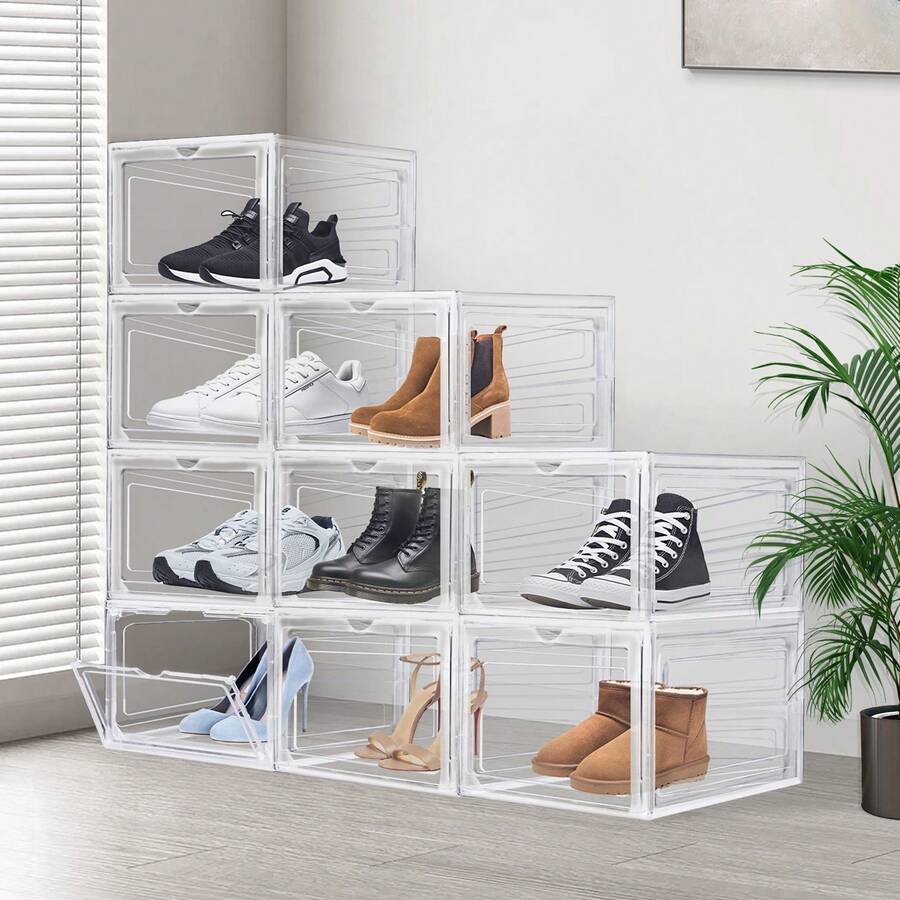 7Sevenjokers Space-Saving Clear Shoe Box 9-Pack, Foldable With Magnetic Lid, Stackable PP Plastic Storage For Closet & Entryway