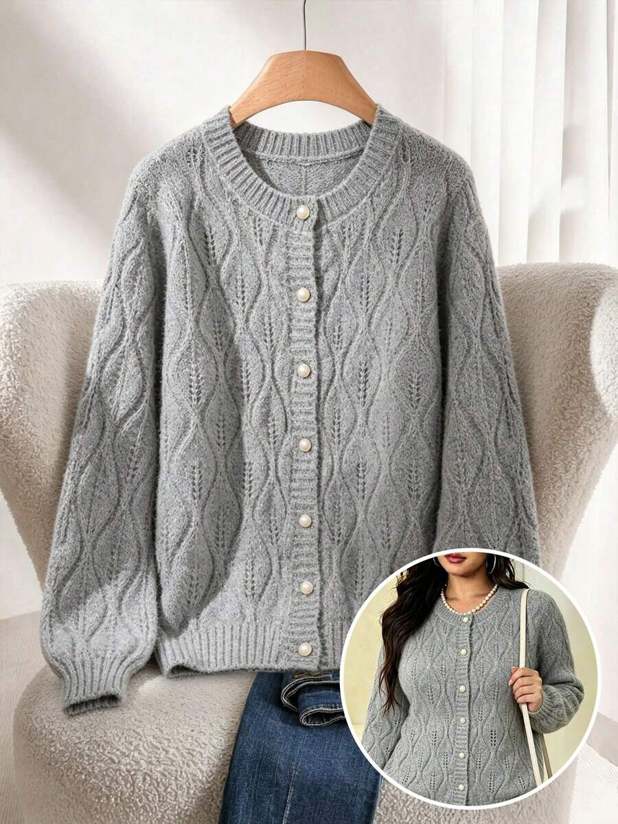 Plus Size Women's Autumn/Winter Loose Cable Knit Cardigan, Pearl Button Round Neck Slimming Long Sleeve Soft Warm Casual Knit Jacket - Grey - View 1