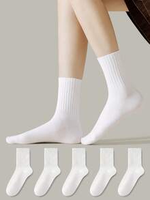 ZUJO 1/5 Pairs Women's Pure White Vertical Ribbed Mid-Calf Socks, Comfortable, Moisture-Wicking And Breathable, Classic Versatile For Daily Casual Wear, Suitable For Spring, Autumn And Winter - White - View 2