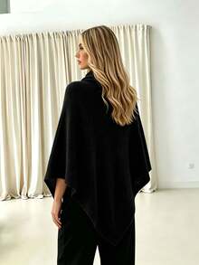 Women's Colorblock Floral Embroidered Loose French Elegant Fashion Knit Shawl, Autumn/Winter Daily Date Versatile Sweater Cape - Black - View 3