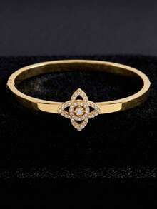 1pc 18K Gold‑Plated Stainless‑Steel Thin Bangle With Hollow‑Out Clover & Rhinestone Decor, Luxury Unisex Bracelet,DailyWearHolidayGift ForMen & Women - Gold - View 5