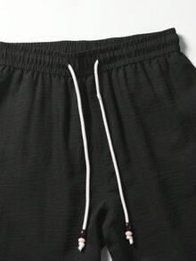 1件裝男士黑色仿亞麻抽繩直筒長褲，仿亞麻面料，柔軟舒適，休閒度假與日常通勤，老錢風 - 黑色 - 查看 5