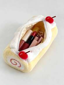 Swiss Roll Shaped Plush Pencil Case, Large Capacity Sweet Style Makeup Bag, Suitable For Daily Study And Office Supplies Storage - Multicolor - View 10