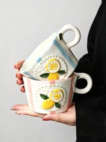 3D Embossed Lemon Ceramic Cup, Hand-Painted Striped Coffee Mug, Cute Asymmetrical Wavy Edge Tea Cup, Microwave And Dishwasher , Fun Fruit Drinkware Kitchen Gift, Christmas Present - Multicolor - View 6