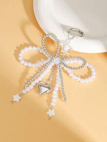 Girls Faux Pearl Bow Keychain, White Ribbon/Silver Heart & Star Rhinestone Charm Key Ring, Sweet Y2K Aesthetic Bag Pendant Accessories For Youth - Multicolor - View 1
