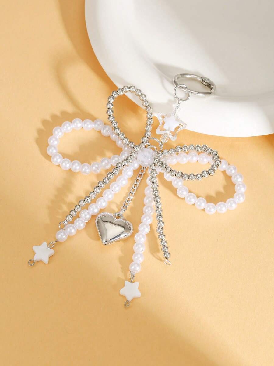Girls Faux Pearl Bow Keychain, White Ribbon/Silver Heart & Star Rhinestone Charm Key Ring, Sweet Y2K Aesthetic Bag Pendant Accessories For Youth - Multicolor - View 1