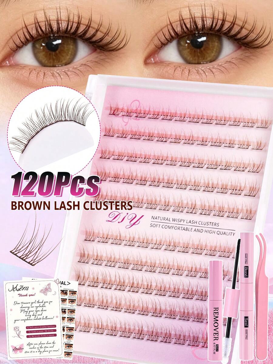MEM 120-Piece Set Of D-Curl Brown Cluster Lashes (Includes Glue, Remover, And Tweezers) – Voluminous, Lightweight, Soft, And Fluffy; Perfect For Glamorous Looks; Essential DIY Tool For Home Application; Suitable For Travel, Halloween, And Daily Use.