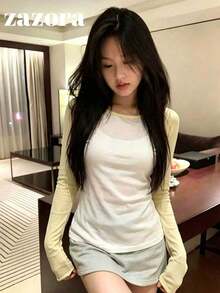 女款拼色網格拼接長袖上衣，復古酷感薄款微透修身內搭T恤，秋季 - 黃色 - 查看 4