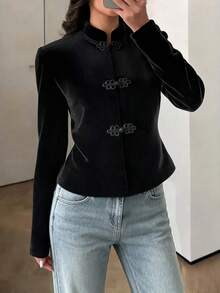 Autumn/Winter Solid Color Frog Button Stand Collar Long Sleeve Slim Fit Top And Pants Set, Tea Party Daily Commute Modern Chinese Style, Black 2-Piece Set - Black - View 5