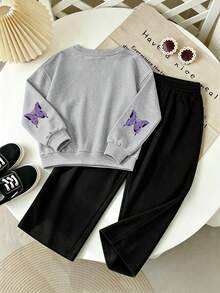 Girls' Personalized Butterfly Print Crew Neck Sweatshirt And Casual Wide Leg Pants 2-Piece Set, Suitable For Autumn/Winter, School, Shopping And Sports - Grey - View 4