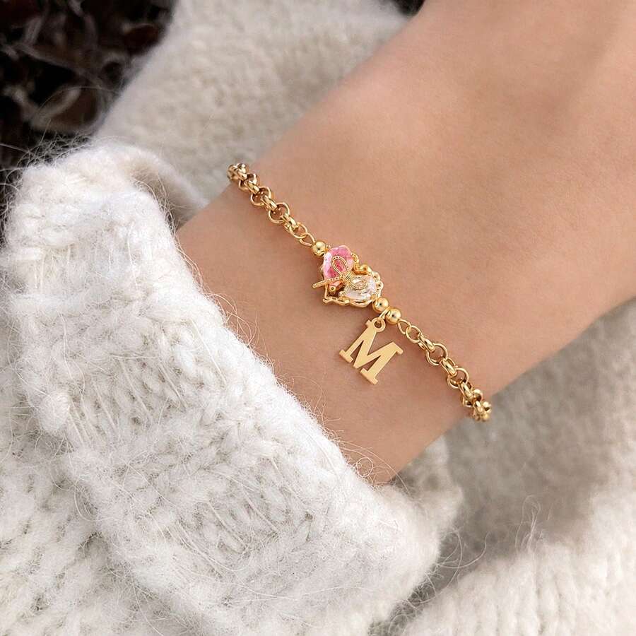 1pc Fashion Initial Heart Bowknot Pendant Golden Stainless Steel Chain Bracelets For Women - Yellow Gold - View 1