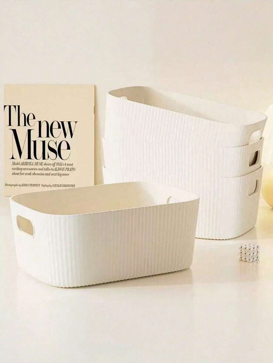 1/3/6pcs Beige Plastic Storage Bins With Handles, Cosmetic Storage Box, Toy Storage Box, Stackable Storage Container, Suitable For Organizing, Shelves, Home, Kitchen, Office, Closet, Game Room - Cream Yellow - View 1